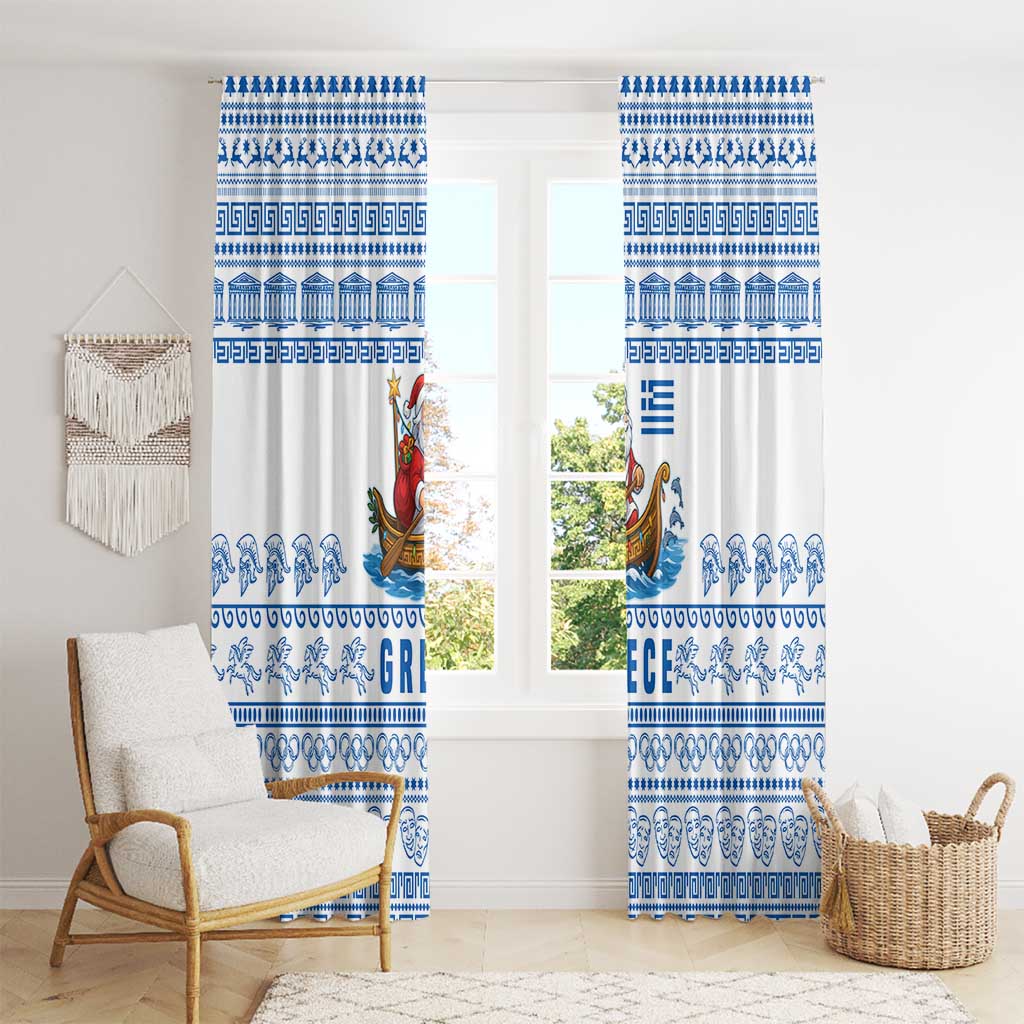 Greece Christmas Window Curtain with Santa Rowing Boat Greek Flag Laurel Wreath Parthenon and Blue White Pattern Design - Wonder Print Shop