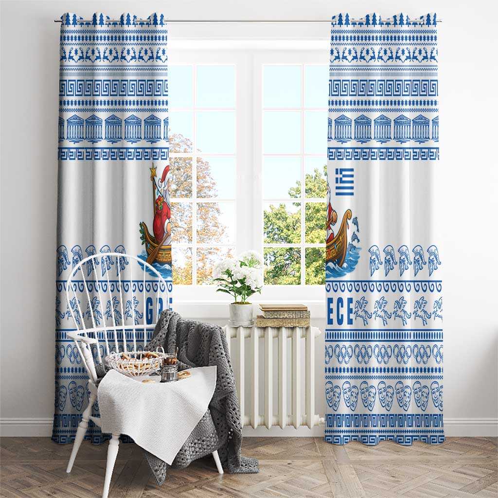 Greece Christmas Window Curtain with Santa Rowing Boat Greek Flag Laurel Wreath Parthenon and Blue White Pattern Design - Wonder Print Shop