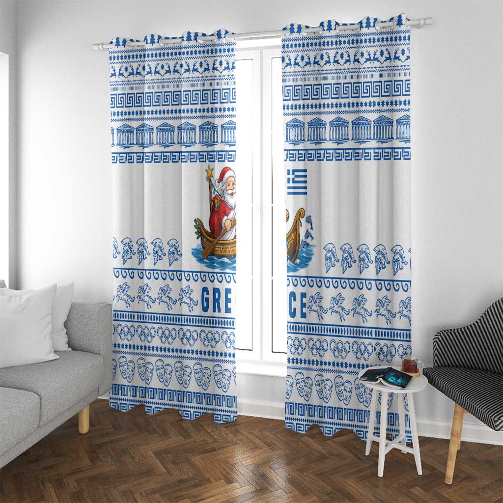 Greece Christmas Window Curtain with Santa Rowing Boat Greek Flag Laurel Wreath Parthenon and Blue White Pattern Design - Wonder Print Shop