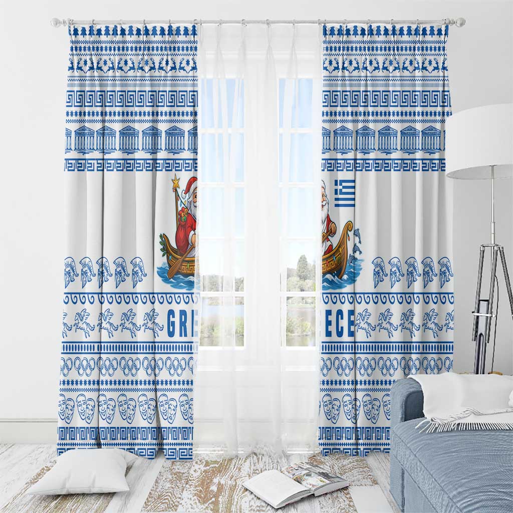 Greece Christmas Window Curtain with Santa Rowing Boat Greek Flag Laurel Wreath Parthenon and Blue White Pattern Design - Wonder Print Shop