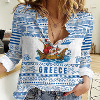 Greece Christmas Women Casual Shirt with Santa Rowing Boat Greek Flag Laurel Wreath Parthenon and Blue White Pattern Design - Wonder Print Shop