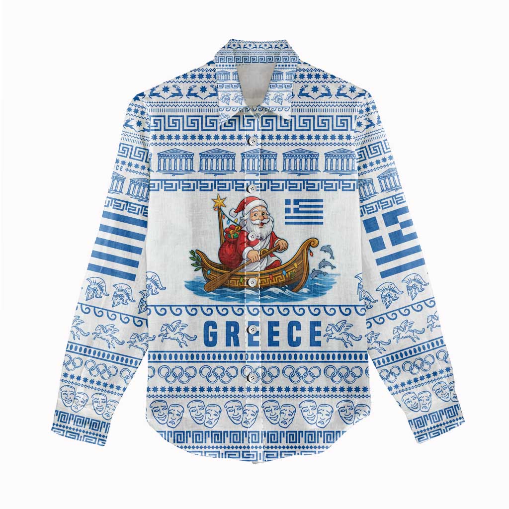 Greece Christmas Women Casual Shirt with Santa Rowing Boat Greek Flag Laurel Wreath Parthenon and Blue White Pattern Design - Wonder Print Shop