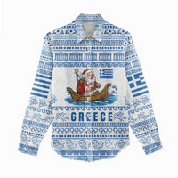 Greece Christmas Women Casual Shirt with Santa Rowing Boat Greek Flag Laurel Wreath Parthenon and Blue White Pattern Design - Wonder Print Shop