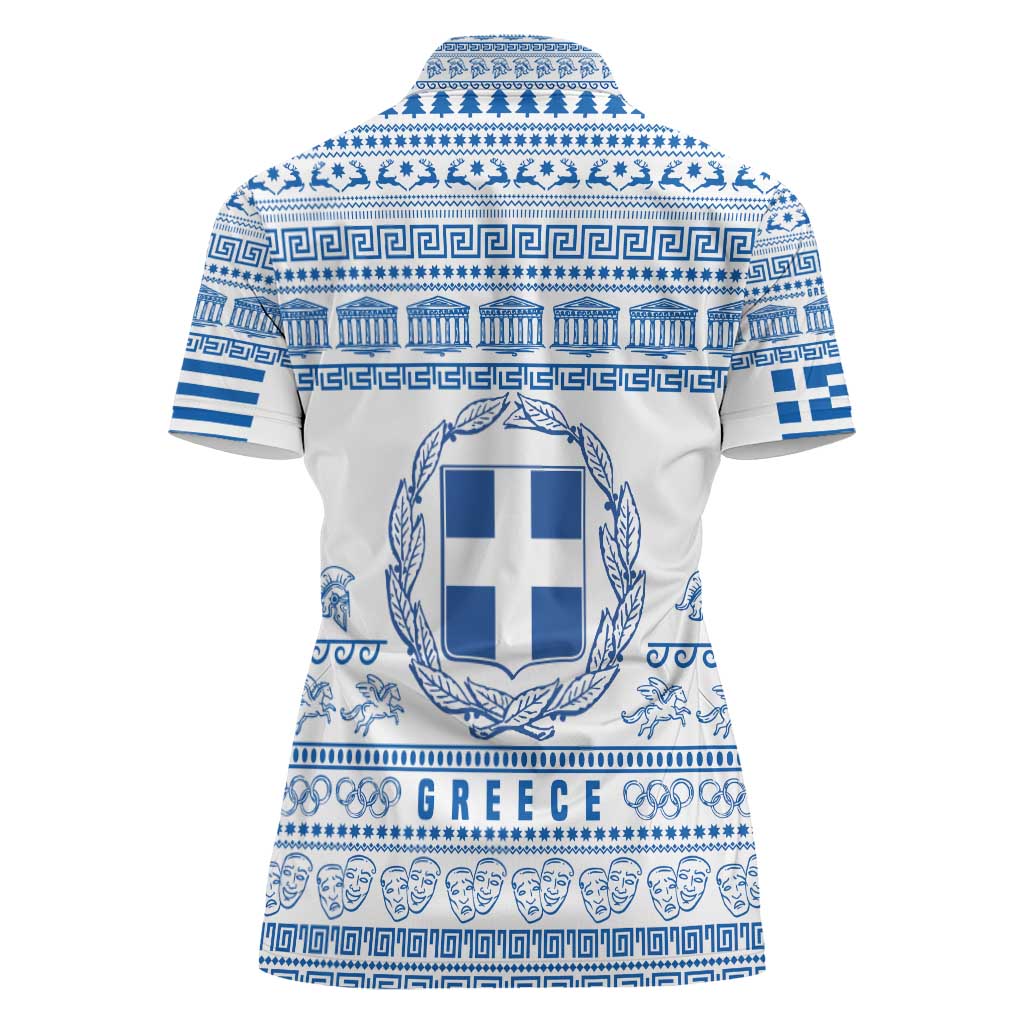 Greece Christmas Women Polo Shirt with Santa Rowing Boat Greek Flag Laurel Wreath Parthenon and Blue White Pattern Design - Wonder Print Shop