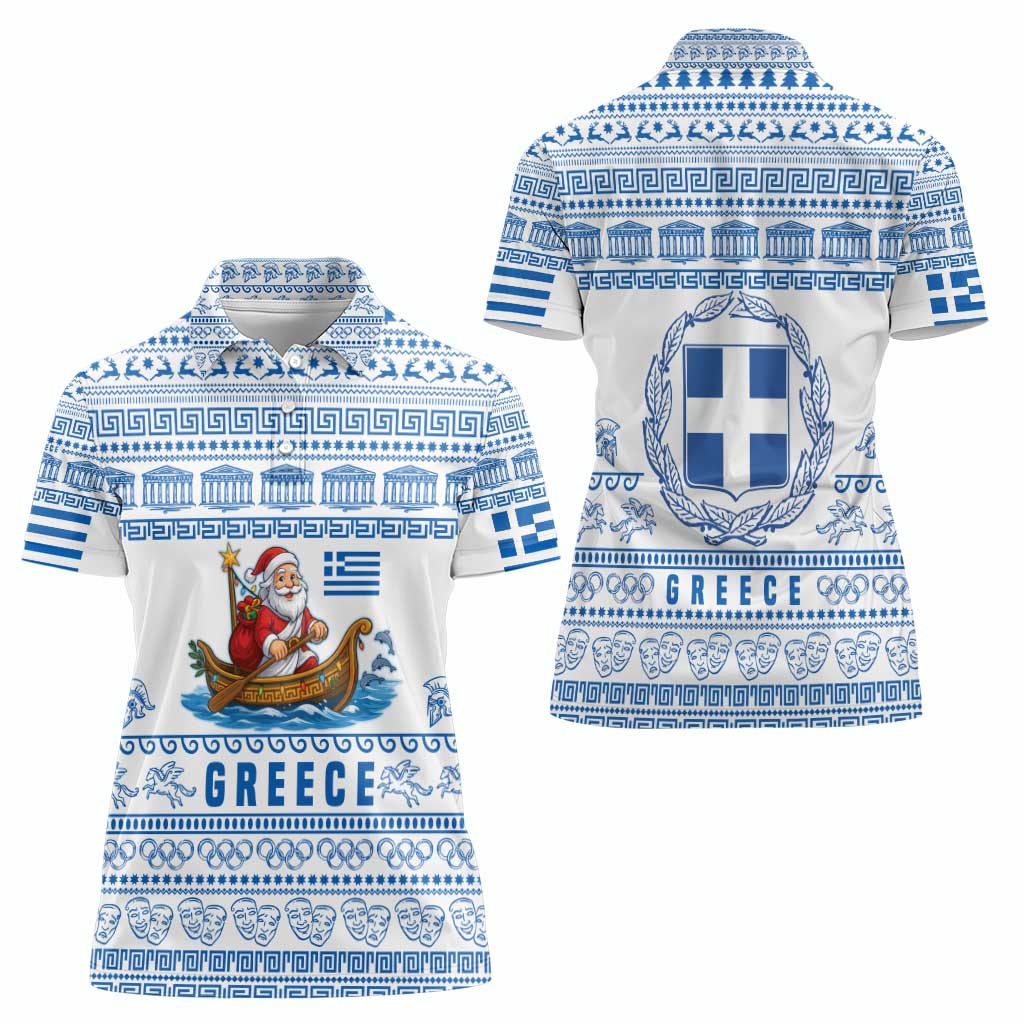 Greece Christmas Women Polo Shirt with Santa Rowing Boat Greek Flag Laurel Wreath Parthenon and Blue White Pattern Design - Wonder Print Shop