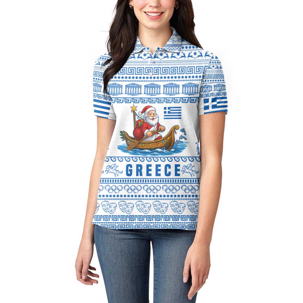 Greece Christmas Women Polo Shirt with Santa Rowing Boat Greek Flag Laurel Wreath Parthenon and Blue White Pattern Design - Wonder Print Shop