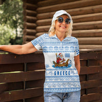 Greece Christmas Women Polo Shirt with Santa Rowing Boat Greek Flag Laurel Wreath Parthenon and Blue White Pattern Design - Wonder Print Shop