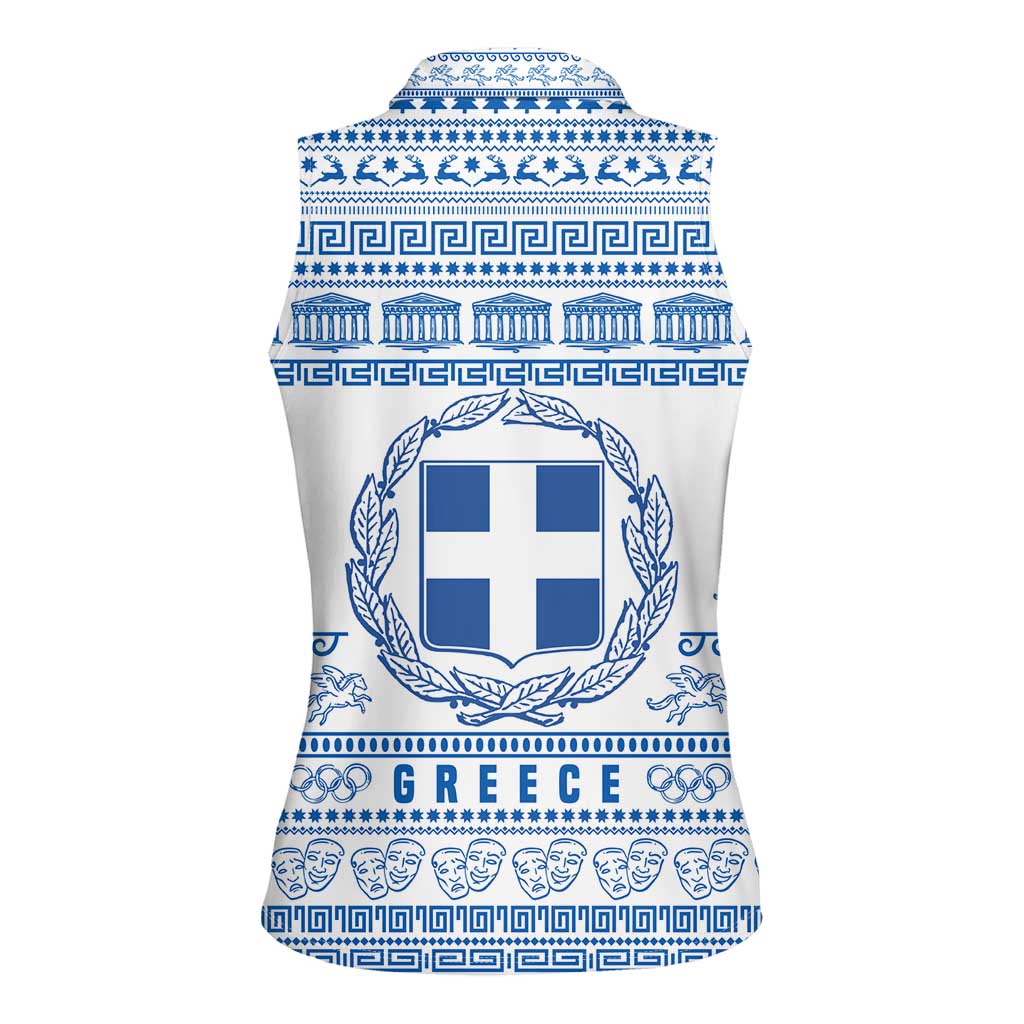 Greece Christmas Women Sleeveless Polo Shirt with Santa Rowing Boat Greek Flag Laurel Wreath Parthenon and Blue White Pattern Design - Wonder Print Shop