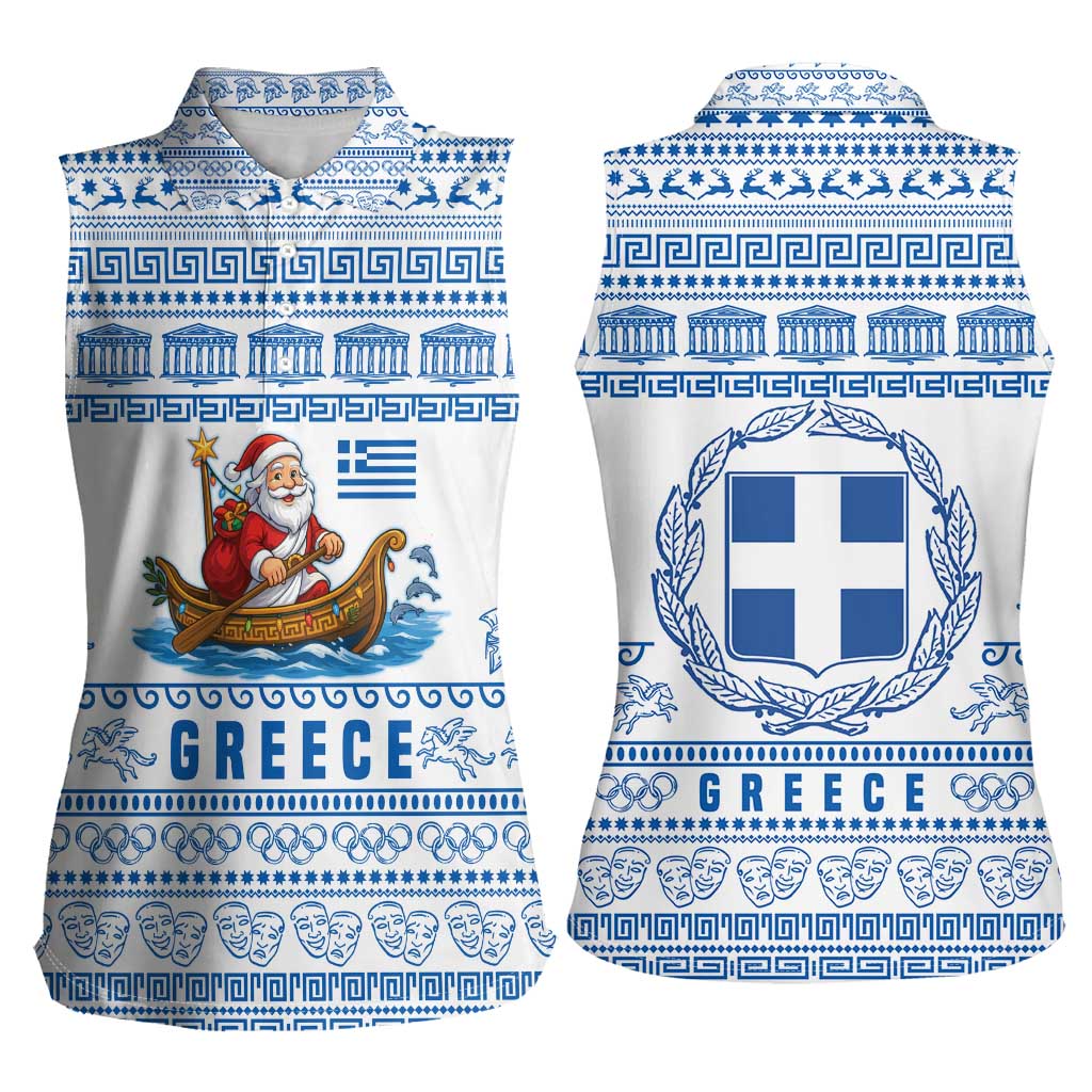 Greece Christmas Women Sleeveless Polo Shirt with Santa Rowing Boat Greek Flag Laurel Wreath Parthenon and Blue White Pattern Design - Wonder Print Shop