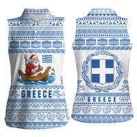 Greece Christmas Women Sleeveless Polo Shirt with Santa Rowing Boat Greek Flag Laurel Wreath Parthenon and Blue White Pattern Design - Wonder Print Shop
