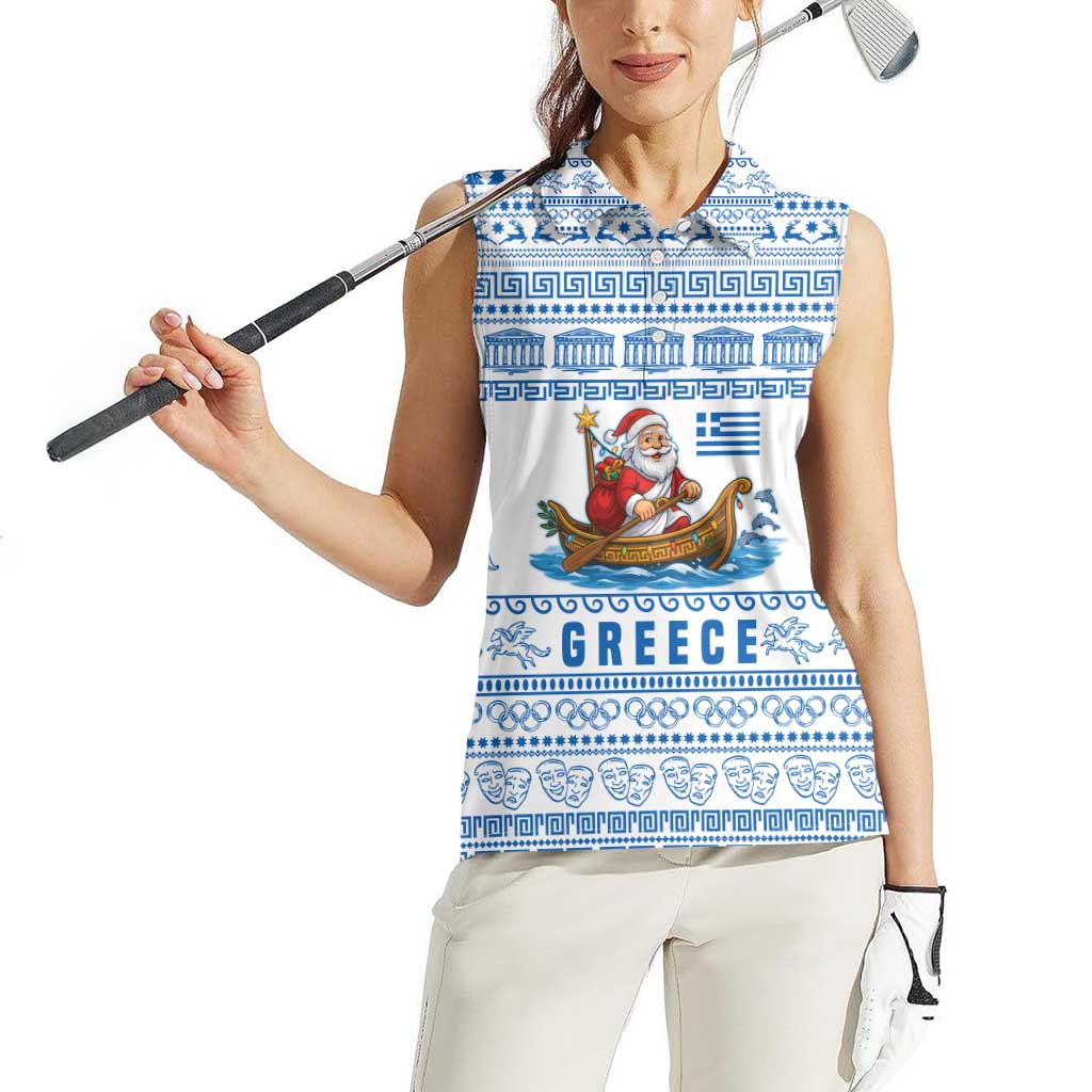 Greece Christmas Women Sleeveless Polo Shirt with Santa Rowing Boat Greek Flag Laurel Wreath Parthenon and Blue White Pattern Design - Wonder Print Shop