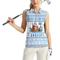 Greece Christmas Women Sleeveless Polo Shirt with Santa Rowing Boat Greek Flag Laurel Wreath Parthenon and Blue White Pattern Design - Wonder Print Shop