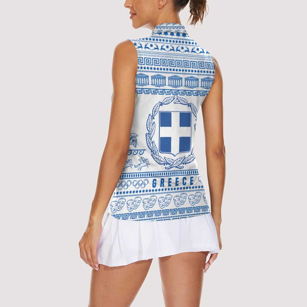 Greece Christmas Women Sleeveless Polo Shirt with Santa Rowing Boat Greek Flag Laurel Wreath Parthenon and Blue White Pattern Design - Wonder Print Shop
