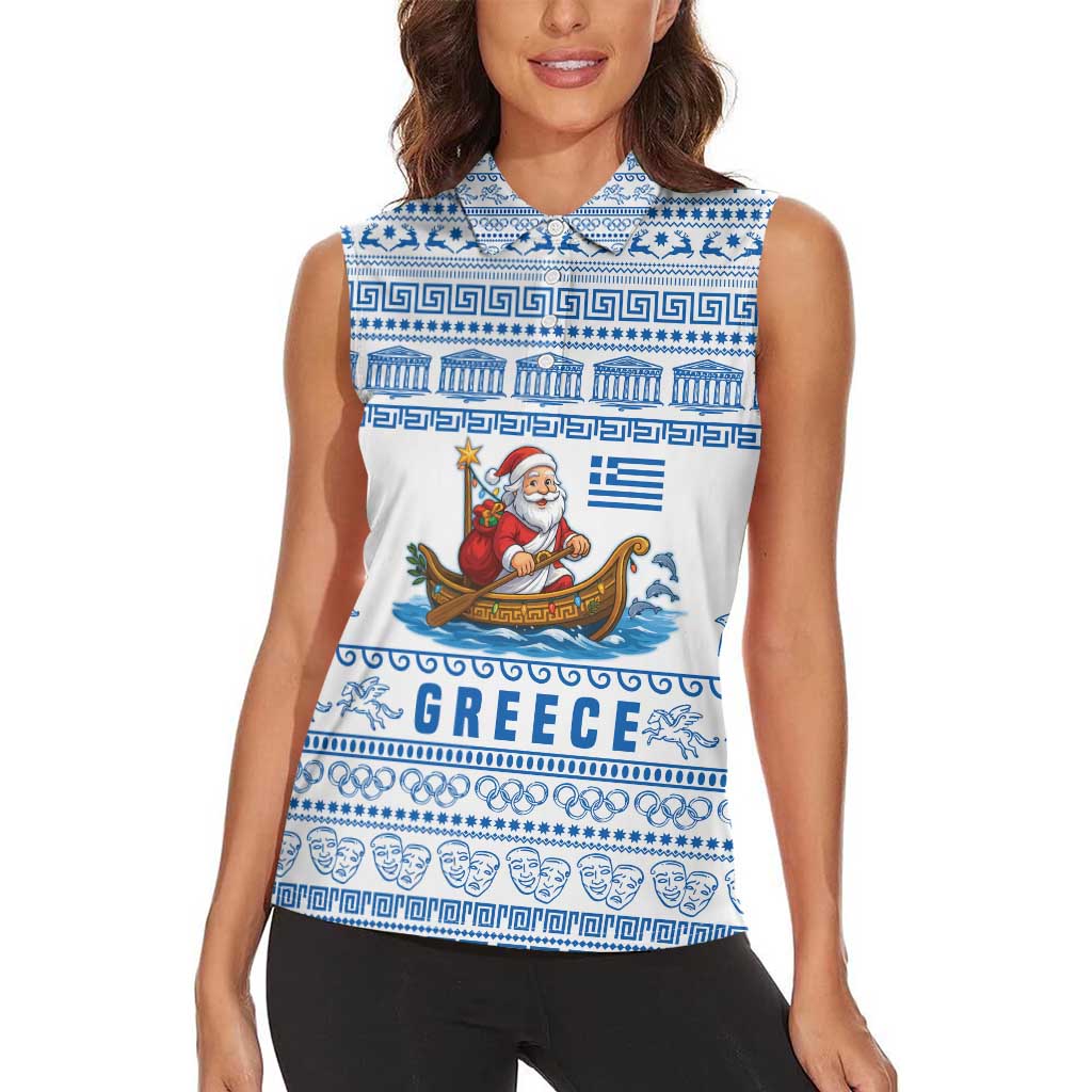 Greece Christmas Women Sleeveless Polo Shirt with Santa Rowing Boat Greek Flag Laurel Wreath Parthenon and Blue White Pattern Design - Wonder Print Shop