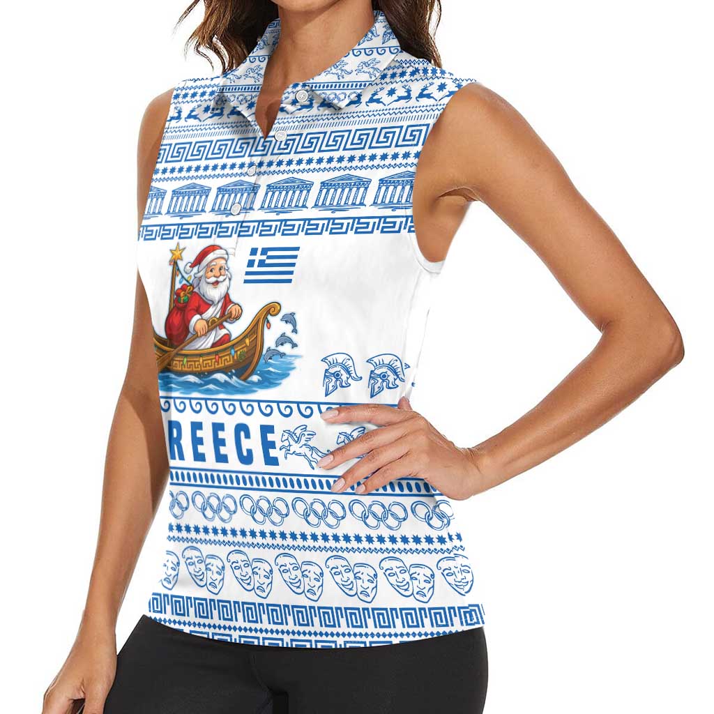 Greece Christmas Women Sleeveless Polo Shirt with Santa Rowing Boat Greek Flag Laurel Wreath Parthenon and Blue White Pattern Design - Wonder Print Shop