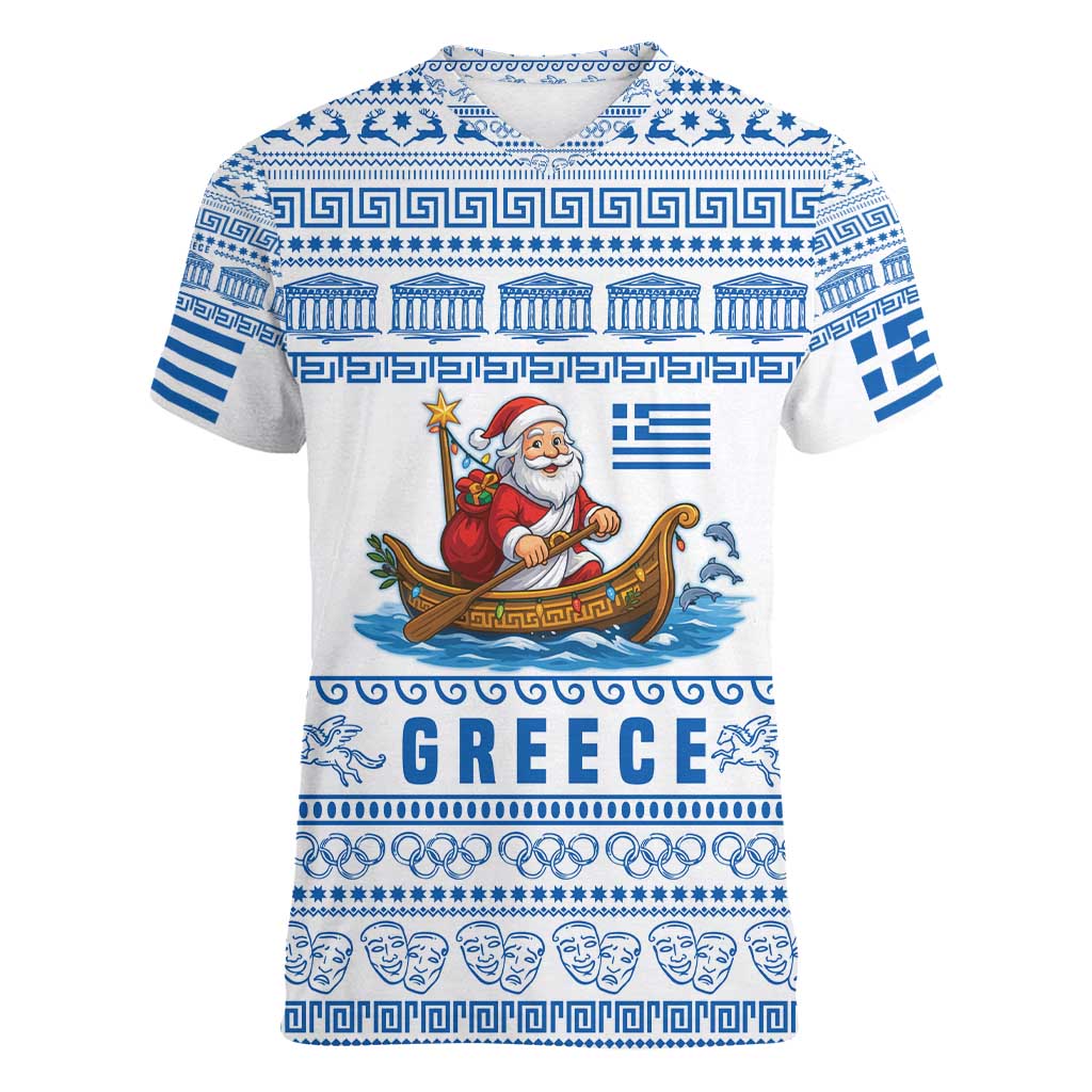 Greece Christmas Women V-Neck T-Shirt with Santa Rowing Boat Greek Flag Laurel Wreath Parthenon and Blue White Pattern Design - Wonder Print Shop
