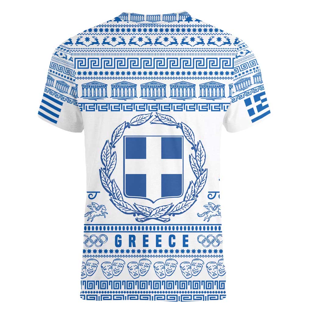 Greece Christmas Women V-Neck T-Shirt with Santa Rowing Boat Greek Flag Laurel Wreath Parthenon and Blue White Pattern Design - Wonder Print Shop