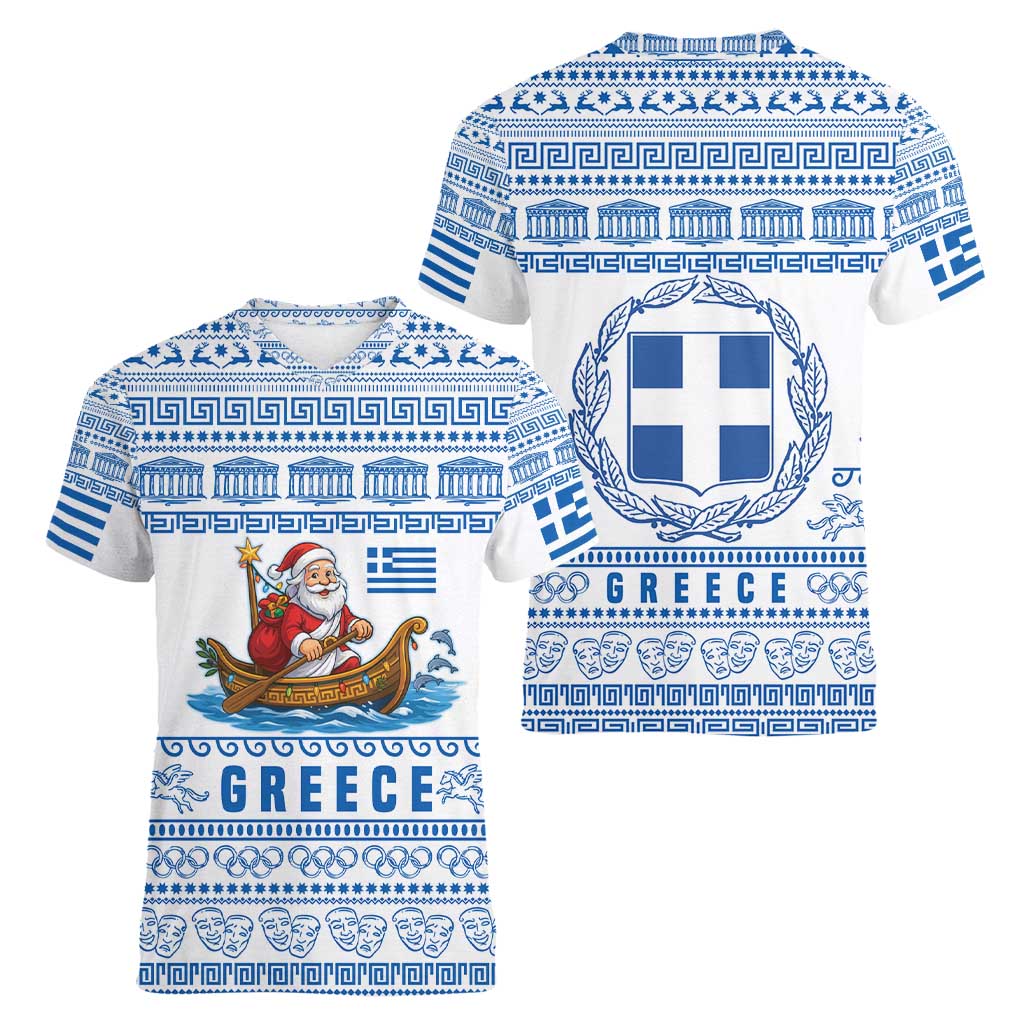 Greece Christmas Women V-Neck T-Shirt with Santa Rowing Boat Greek Flag Laurel Wreath Parthenon and Blue White Pattern Design - Wonder Print Shop