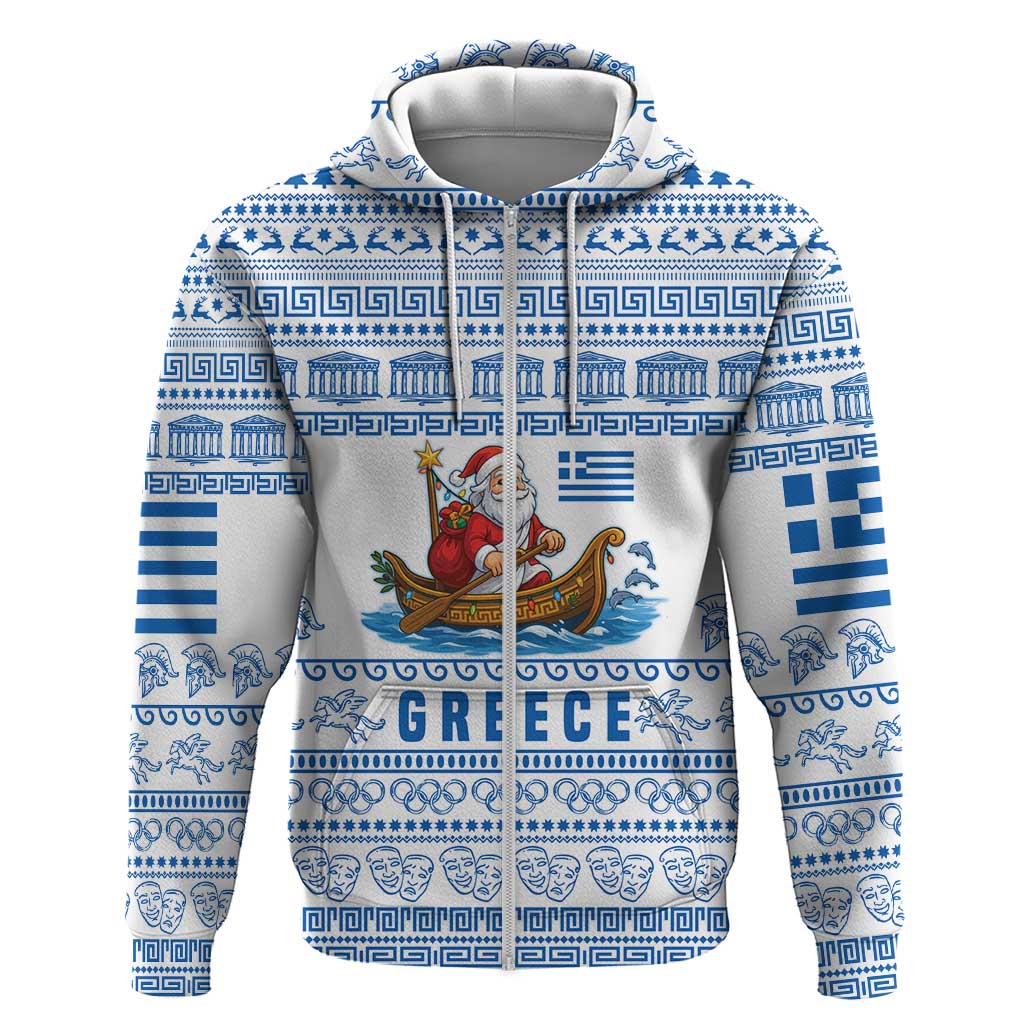 Greece Christmas Zip Hoodie with Santa Rowing Boat Greek Flag Laurel Wreath Parthenon and Blue White Pattern Design - Wonder Print Shop