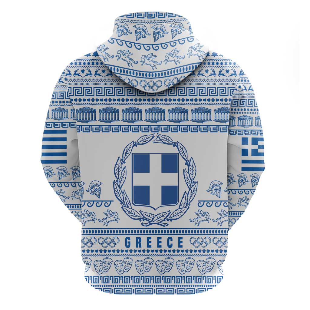 Greece Christmas Zip Hoodie with Santa Rowing Boat Greek Flag Laurel Wreath Parthenon and Blue White Pattern Design - Wonder Print Shop