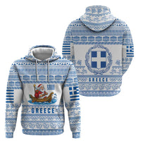Greece Christmas Zip Hoodie with Santa Rowing Boat Greek Flag Laurel Wreath Parthenon and Blue White Pattern Design - Wonder Print Shop
