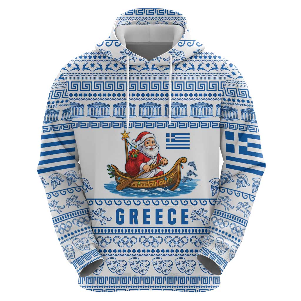 Greece Christmas Zip Hoodie with Santa Rowing Boat Greek Flag Laurel Wreath Parthenon and Blue White Pattern Design - Wonder Print Shop