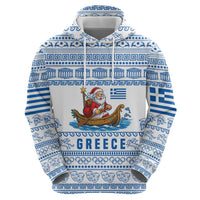 Greece Christmas Zip Hoodie with Santa Rowing Boat Greek Flag Laurel Wreath Parthenon and Blue White Pattern Design - Wonder Print Shop