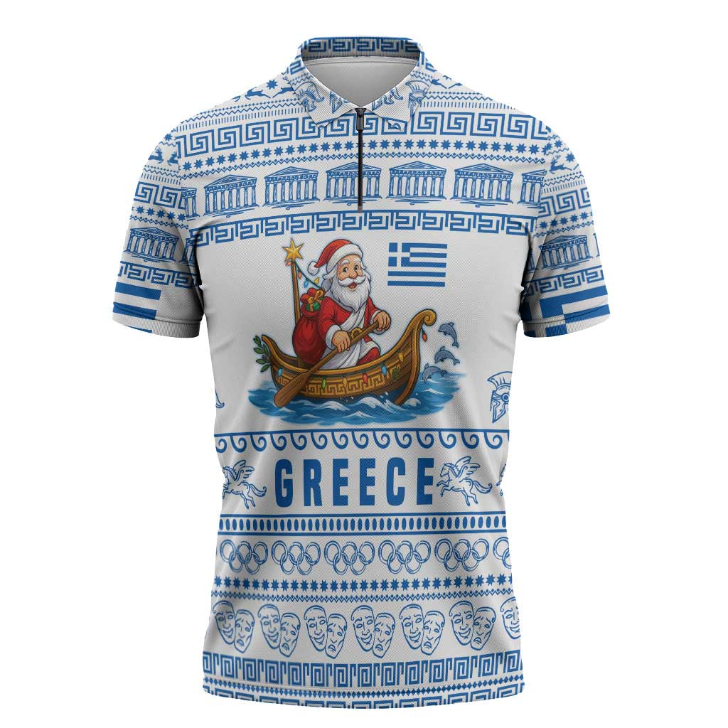 Greece Christmas Zipper Polo Shirt with Santa Rowing Boat Greek Flag Laurel Wreath Parthenon and Blue White Pattern Design - Wonder Print Shop