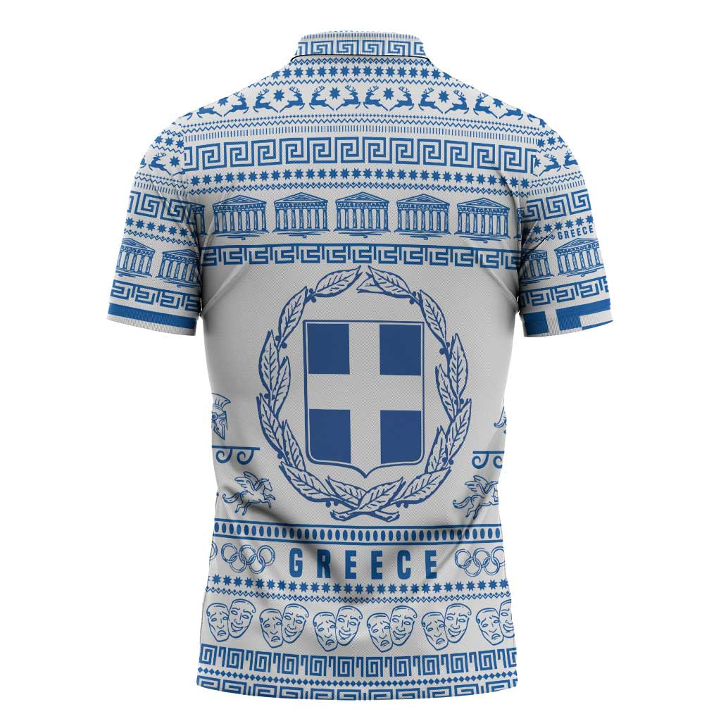 Greece Christmas Zipper Polo Shirt with Santa Rowing Boat Greek Flag Laurel Wreath Parthenon and Blue White Pattern Design - Wonder Print Shop