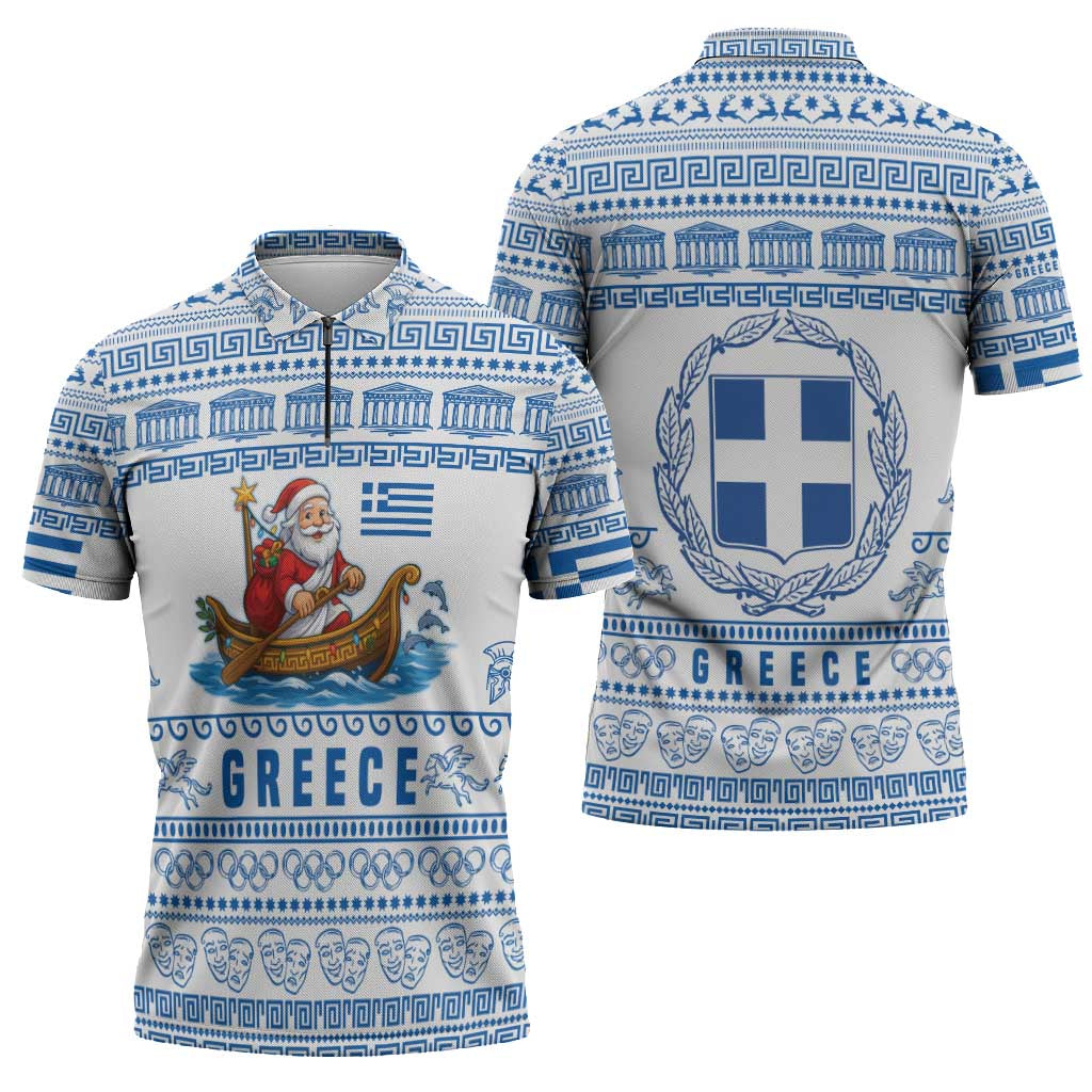 Greece Christmas Zipper Polo Shirt with Santa Rowing Boat Greek Flag Laurel Wreath Parthenon and Blue White Pattern Design - Wonder Print Shop