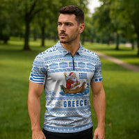 Greece Christmas Zipper Polo Shirt with Santa Rowing Boat Greek Flag Laurel Wreath Parthenon and Blue White Pattern Design - Wonder Print Shop
