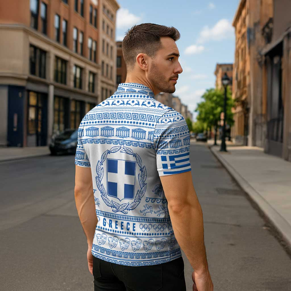 Greece Christmas Zipper Polo Shirt with Santa Rowing Boat Greek Flag Laurel Wreath Parthenon and Blue White Pattern Design - Wonder Print Shop