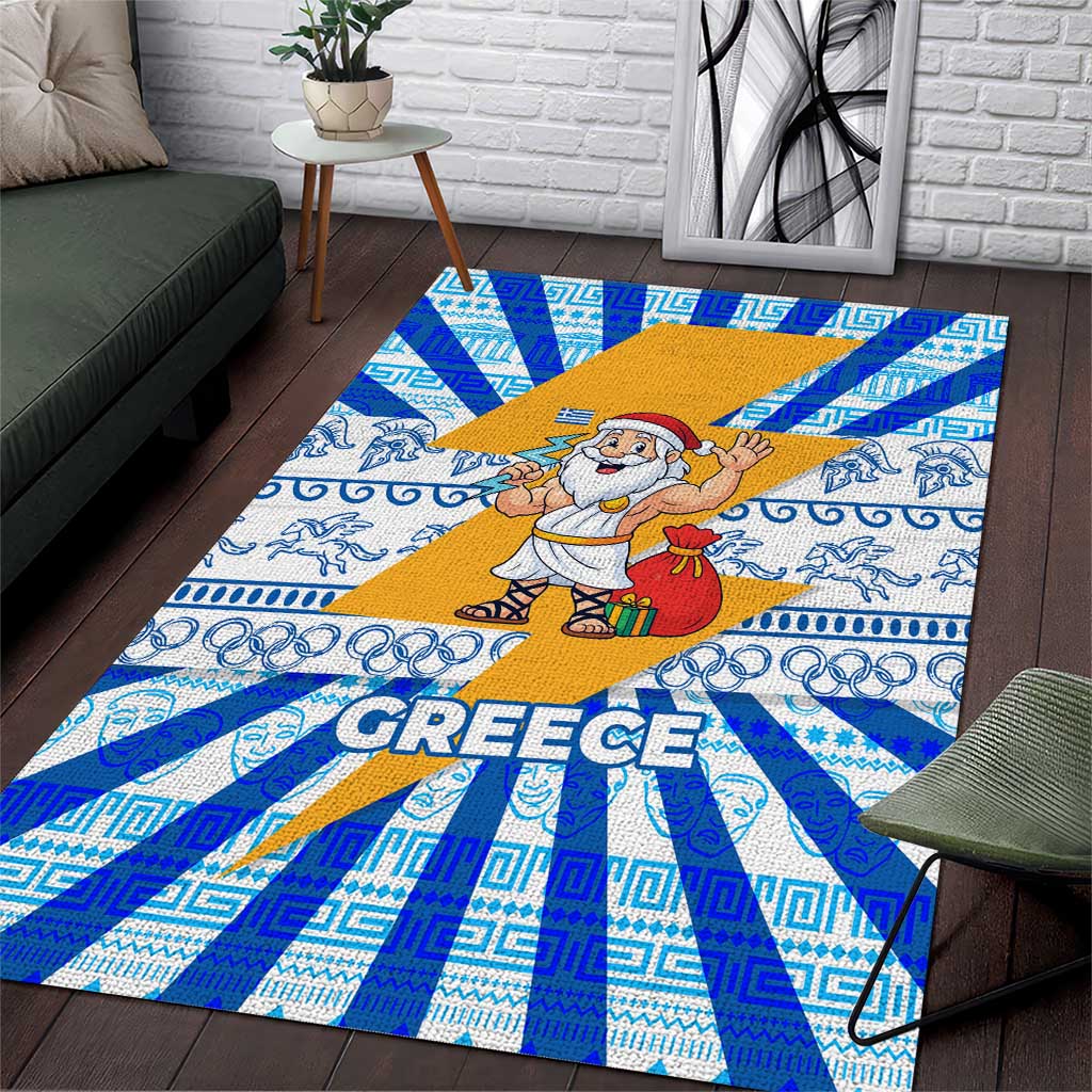 Greece Christmas Area Rug with Zeus Santa Greek Flag Lightning Bolt Gift Bag and Blue Yellow Pattern Design - Wonder Print Shop