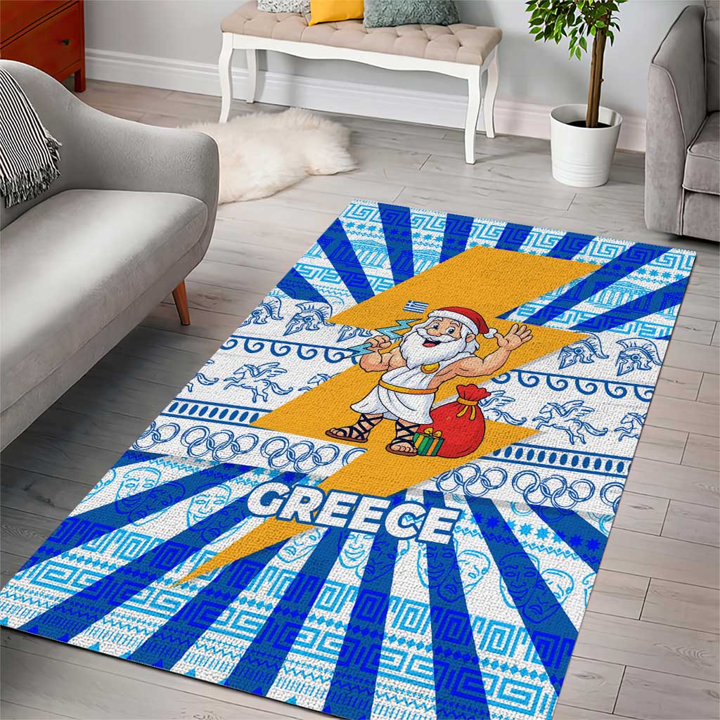 Greece Christmas Area Rug with Zeus Santa Greek Flag Lightning Bolt Gift Bag and Blue Yellow Pattern Design - Wonder Print Shop