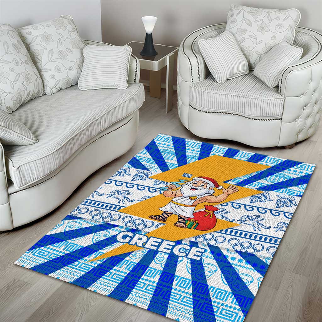 Greece Christmas Area Rug with Zeus Santa Greek Flag Lightning Bolt Gift Bag and Blue Yellow Pattern Design - Wonder Print Shop
