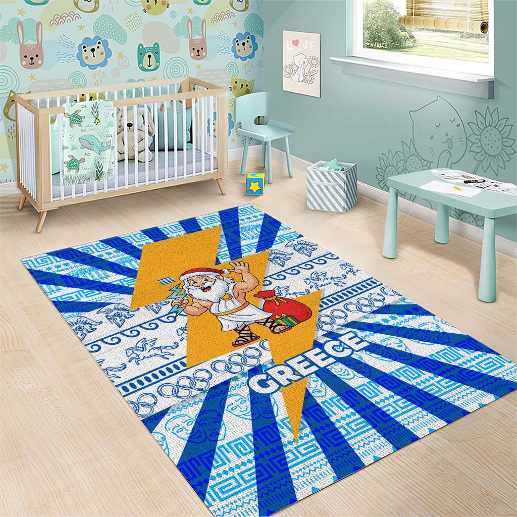 Greece Christmas Area Rug with Zeus Santa Greek Flag Lightning Bolt Gift Bag and Blue Yellow Pattern Design - Wonder Print Shop
