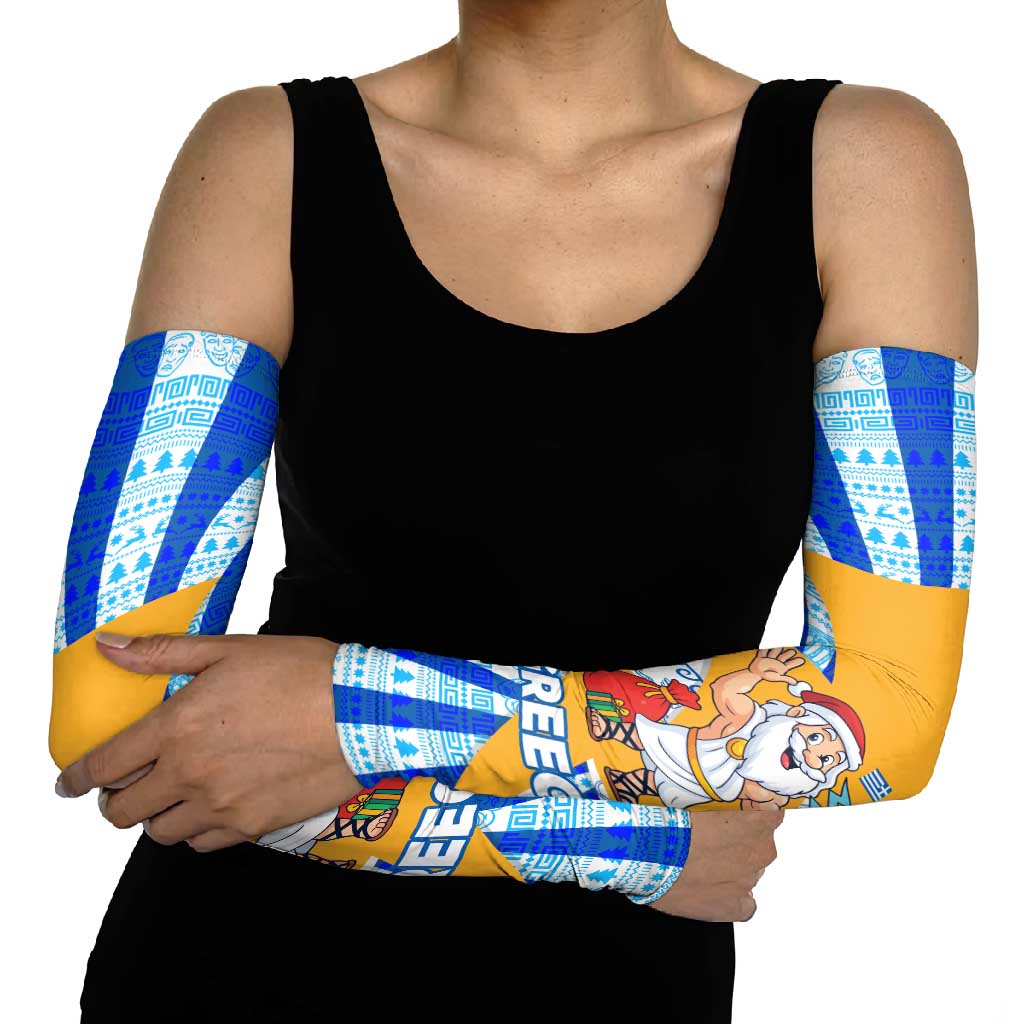Greece Christmas Arm Sleeves with Zeus Santa Greek Flag Lightning Bolt Gift Bag and Blue Yellow Pattern Design - Wonder Print Shop