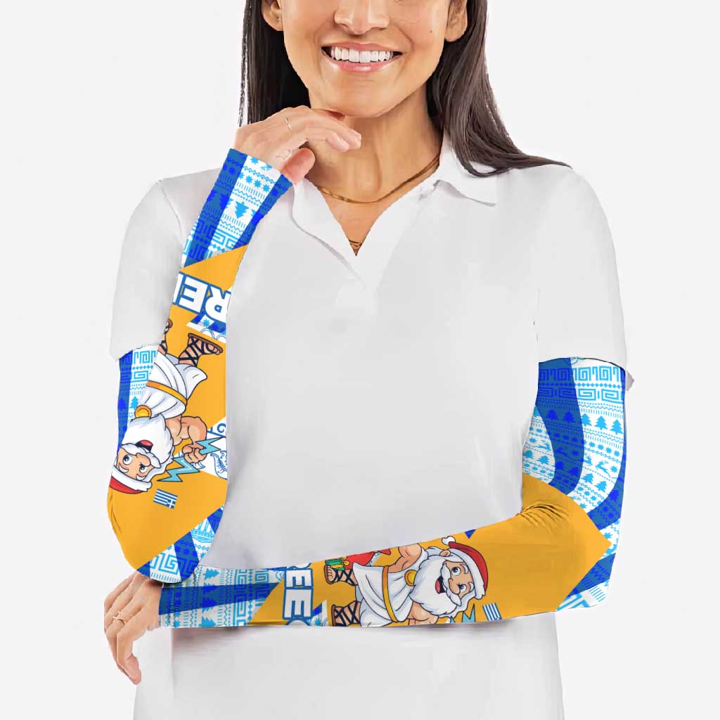 Greece Christmas Arm Sleeves with Zeus Santa Greek Flag Lightning Bolt Gift Bag and Blue Yellow Pattern Design - Wonder Print Shop