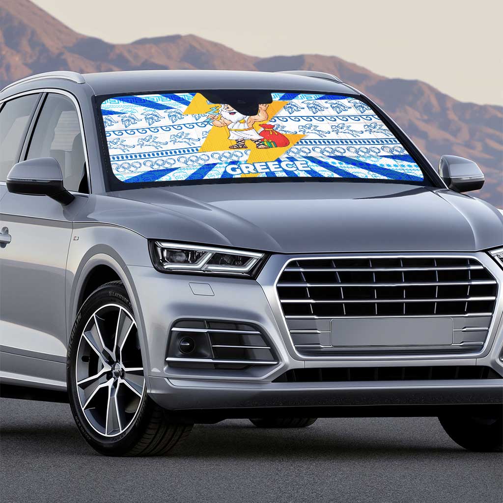 Greece Christmas Auto Sun Shade with Zeus Santa Greek Flag Lightning Bolt Gift Bag and Blue Yellow Pattern Design - Wonder Print Shop