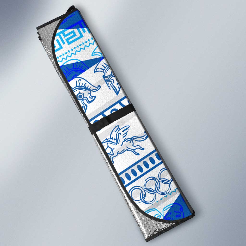 Greece Christmas Auto Sun Shade with Zeus Santa Greek Flag Lightning Bolt Gift Bag and Blue Yellow Pattern Design - Wonder Print Shop