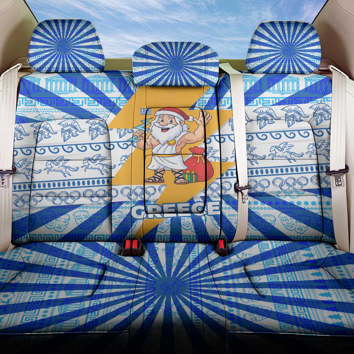 Greece Christmas Back Car Seat Cover with Zeus Santa Greek Flag Lightning Bolt Gift Bag and Blue Yellow Pattern Design - Wonder Print Shop