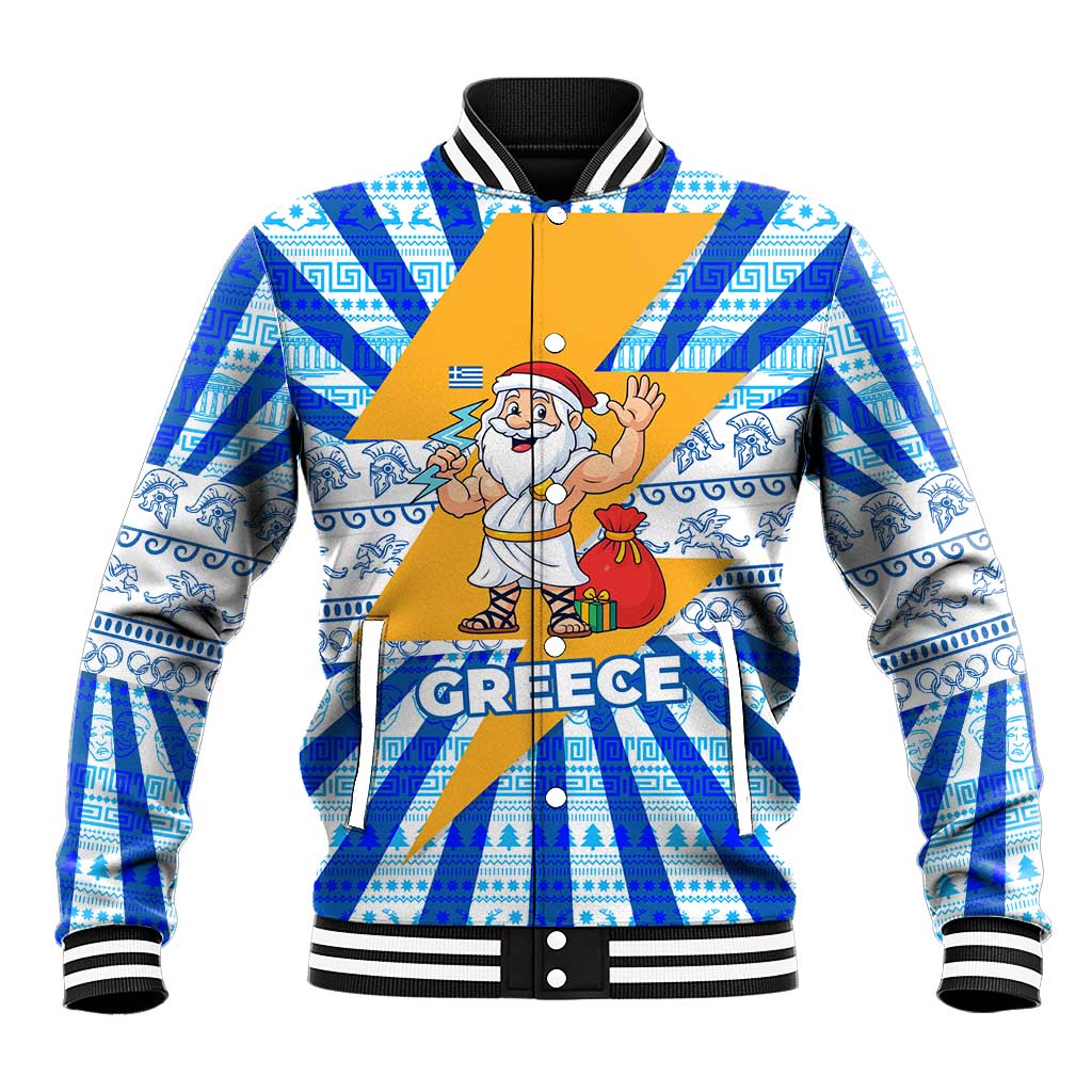 Greece Christmas Baseball Jacket with Zeus Santa Greek Flag Lightning Bolt Gift Bag and Blue Yellow Pattern Design - Wonder Print Shop