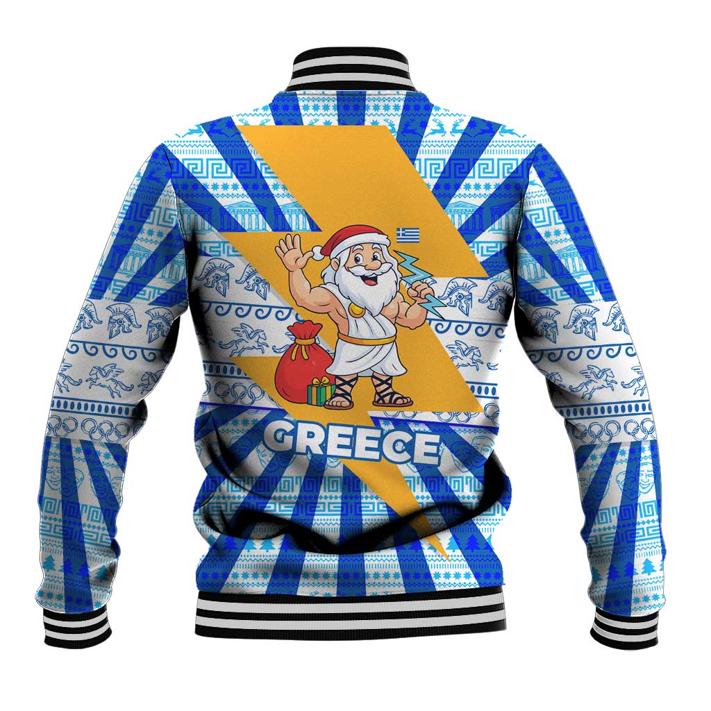 Greece Christmas Baseball Jacket with Zeus Santa Greek Flag Lightning Bolt Gift Bag and Blue Yellow Pattern Design - Wonder Print Shop