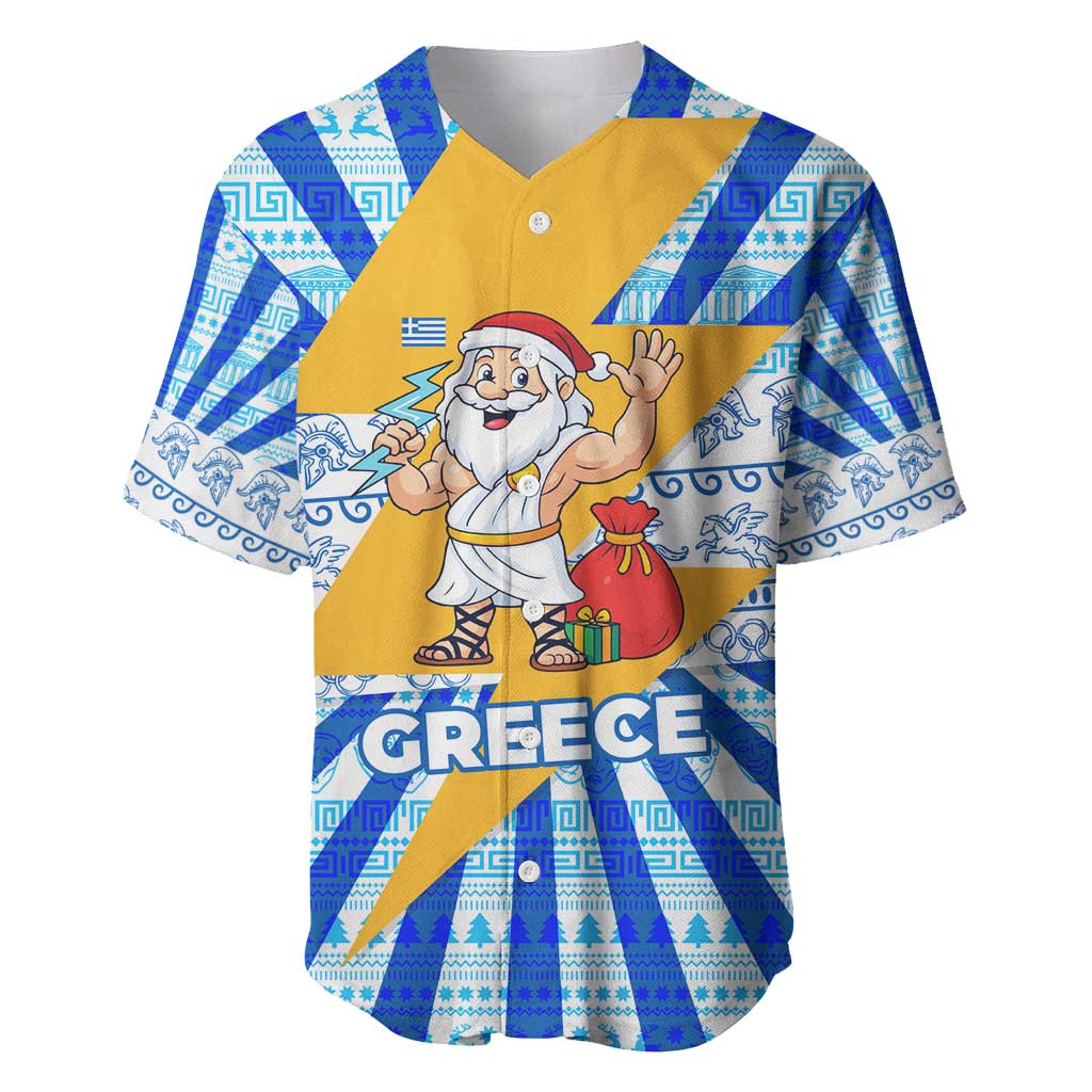 Greece Christmas Baseball Jersey with Zeus Santa Greek Flag Lightning Bolt Gift Bag and Blue Yellow Pattern Design - Wonder Print Shop