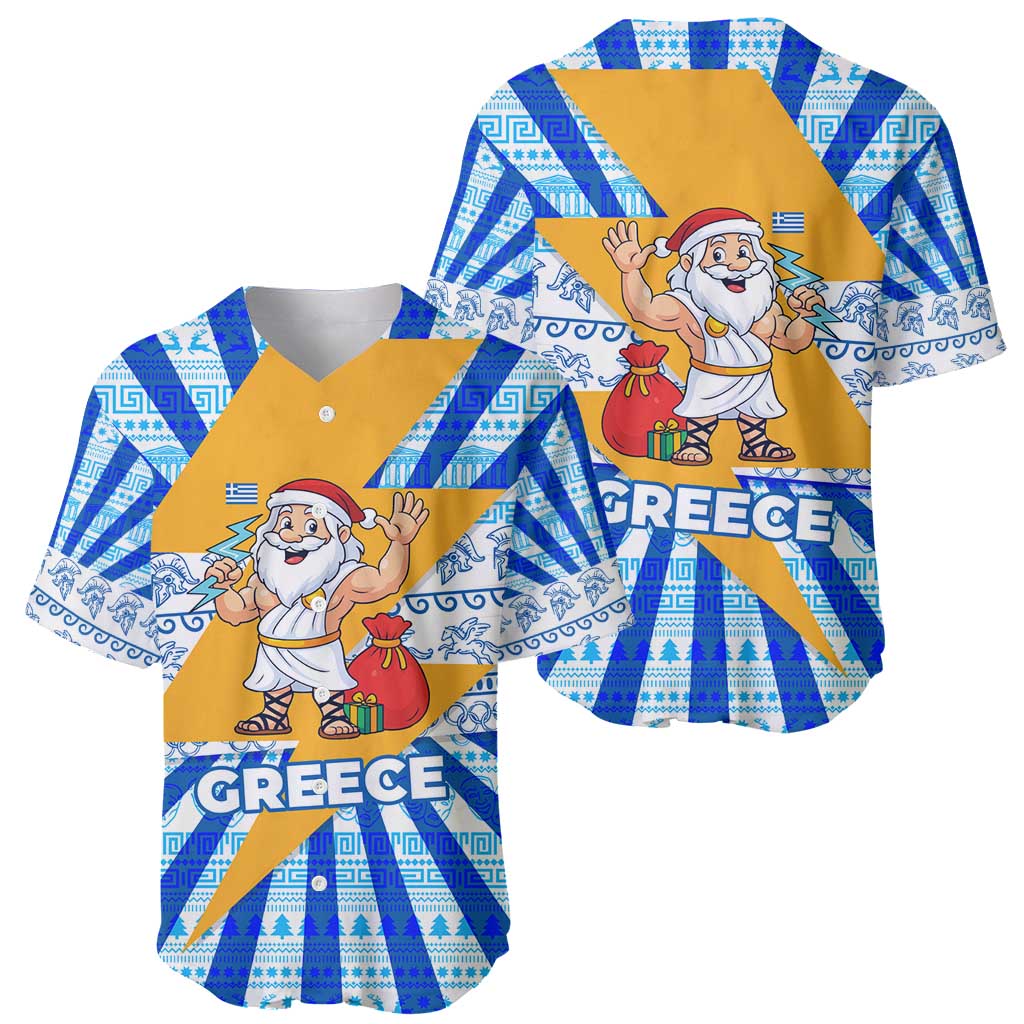 Greece Christmas Baseball Jersey with Zeus Santa Greek Flag Lightning Bolt Gift Bag and Blue Yellow Pattern Design - Wonder Print Shop