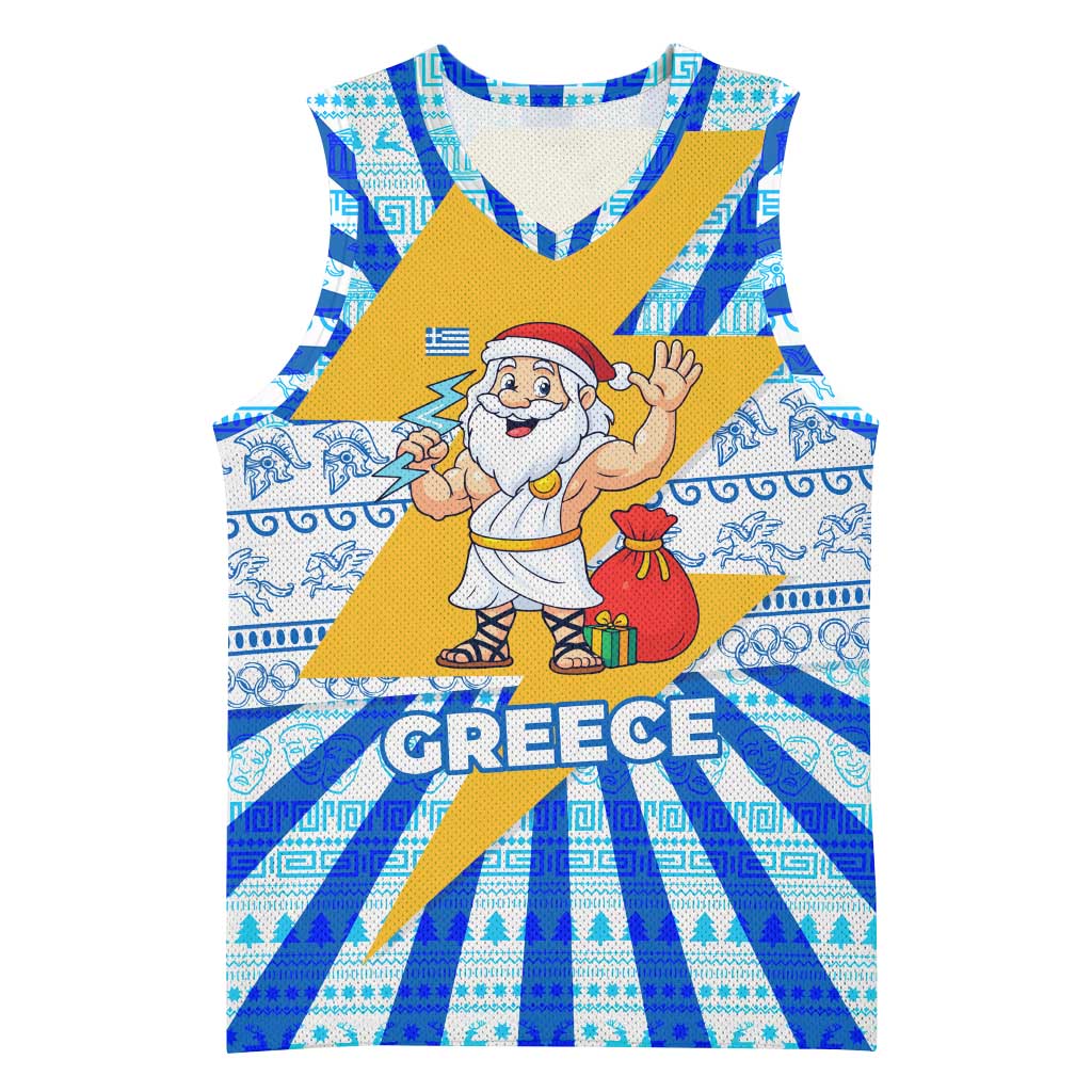 Greece Christmas Basketball Jersey with Zeus Santa Greek Flag Lightning Bolt Gift Bag and Blue Yellow Pattern Design - Wonder Print Shop