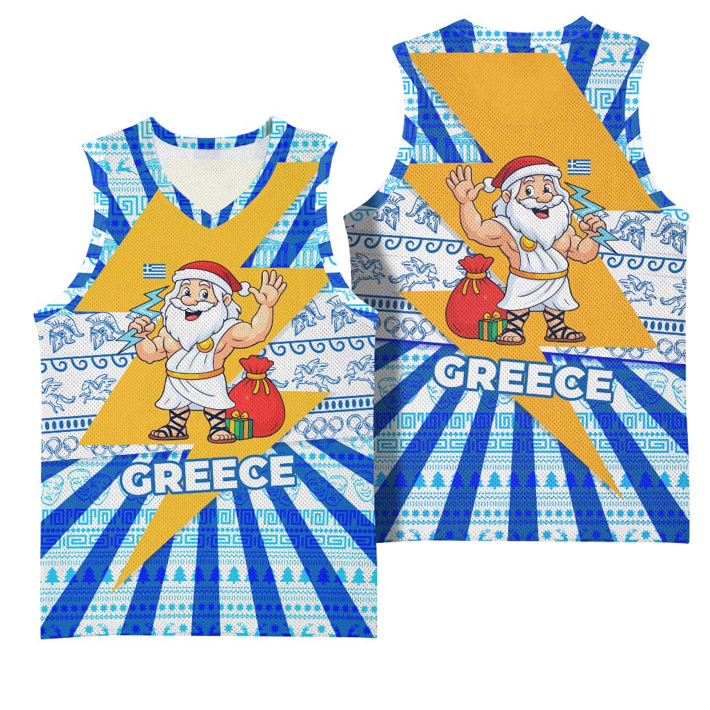 Greece Christmas Basketball Jersey with Zeus Santa Greek Flag Lightning Bolt Gift Bag and Blue Yellow Pattern Design - Wonder Print Shop