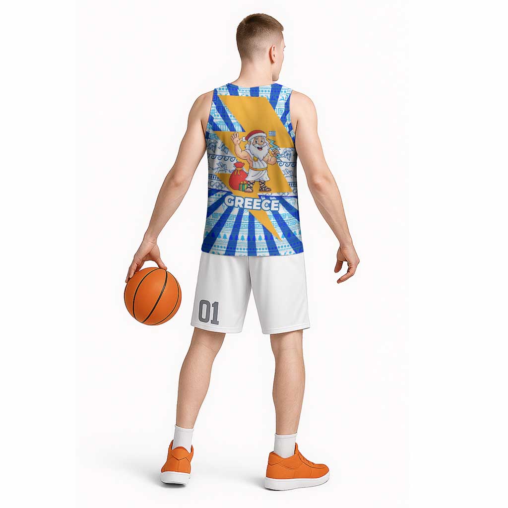 Greece Christmas Basketball Jersey with Zeus Santa Greek Flag Lightning Bolt Gift Bag and Blue Yellow Pattern Design - Wonder Print Shop