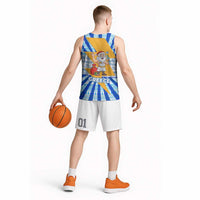 Greece Christmas Basketball Jersey with Zeus Santa Greek Flag Lightning Bolt Gift Bag and Blue Yellow Pattern Design - Wonder Print Shop
