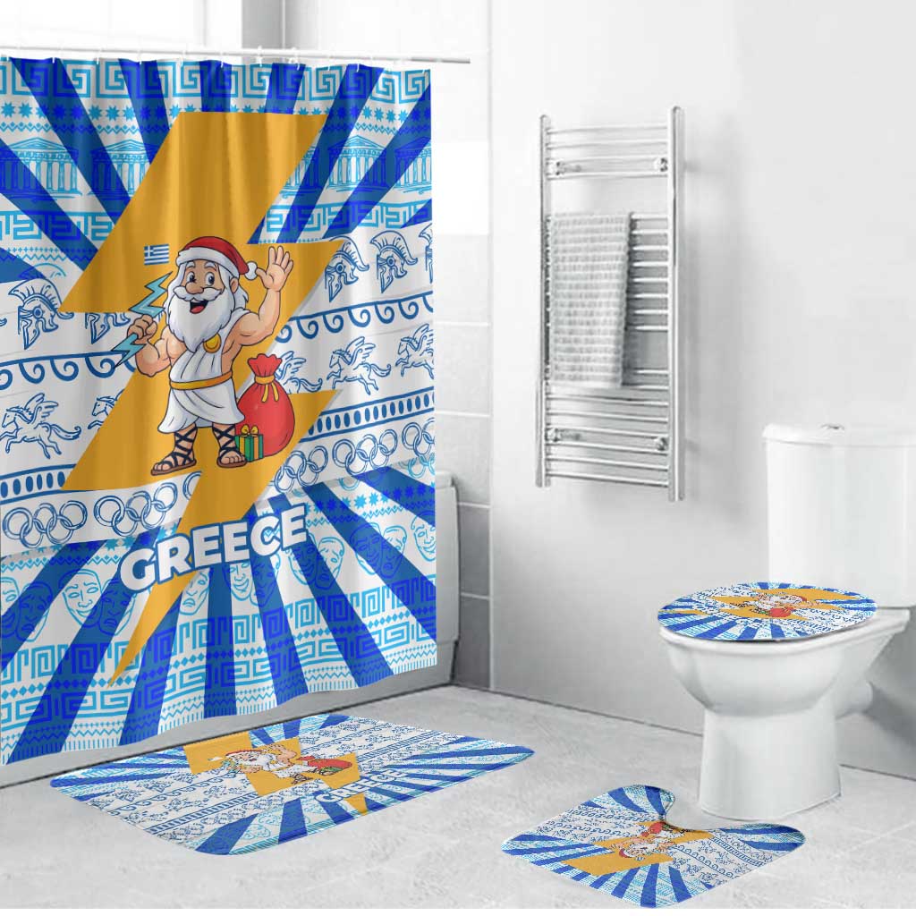Greece Christmas Bathroom Set with Zeus Santa Greek Flag Lightning Bolt Gift Bag and Blue Yellow Pattern Design - Wonder Print Shop